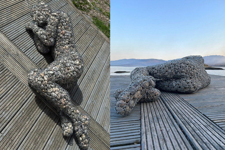 The beauty of the location of my sculpture for Caol Ruadh Sculpture Park, Spring Exhibition, was that as the weather changed the Scottish Pebbles used within the sculpture changed too, and naturally coordinated with the colour of the decking she is lying on.